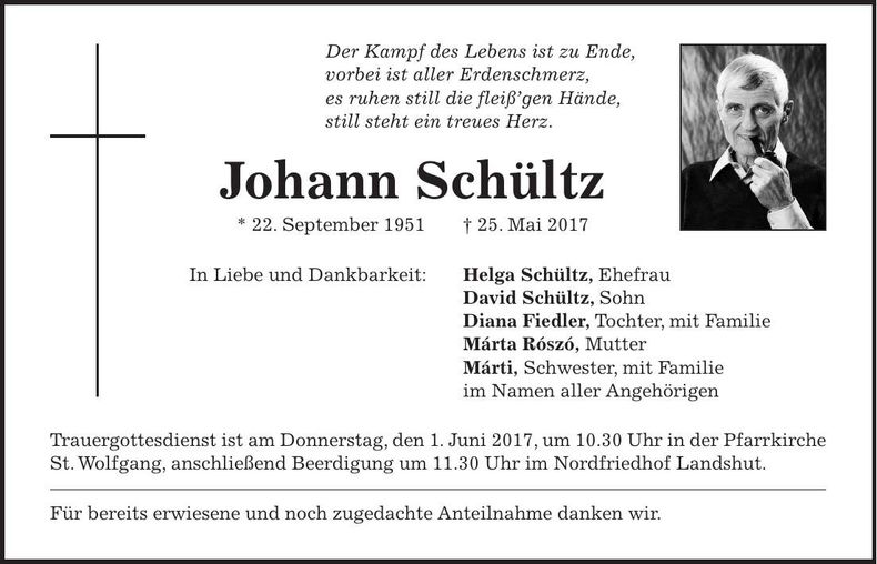 Traueranzeige Johann Schültz