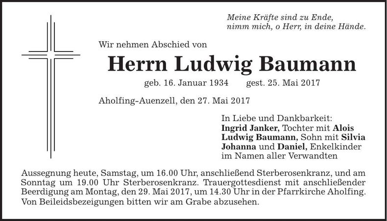 Traueranzeige Ludwig Baumann