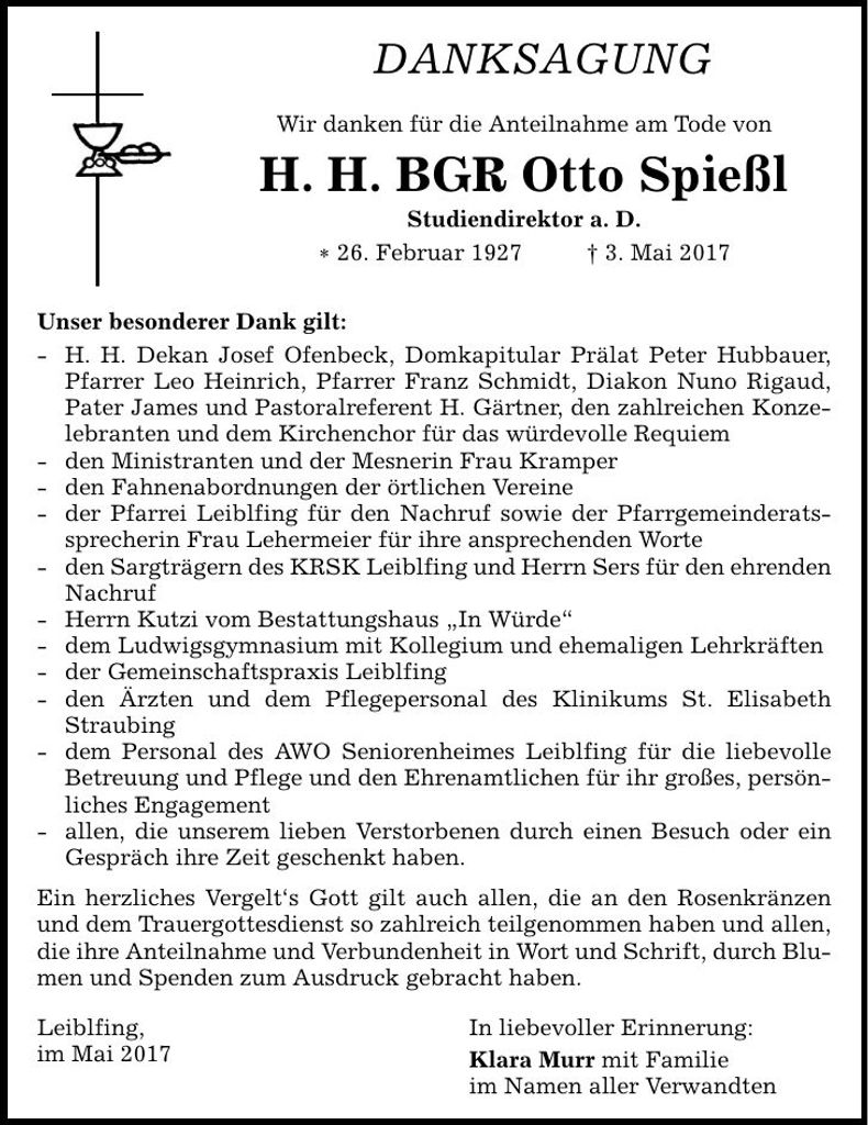 Traueranzeige Otto Spießl