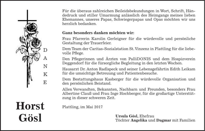 Traueranzeige Horst Gösl