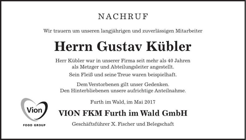 Traueranzeige Gustav Kübler