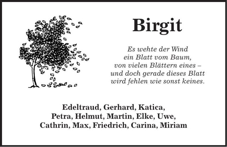 Traueranzeige Birgit Fischer