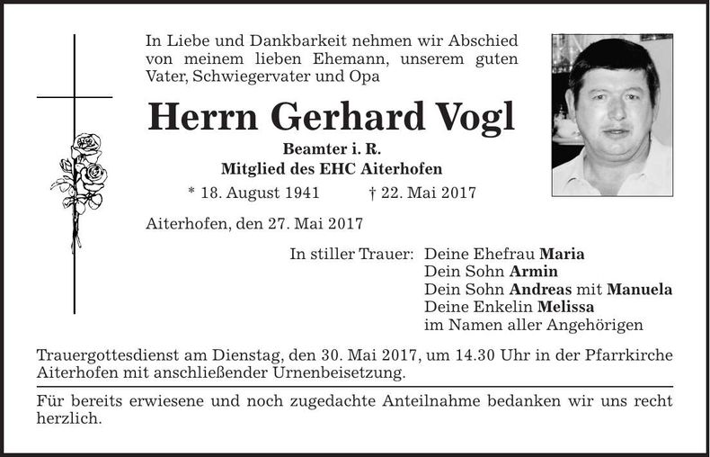 Traueranzeige Gerhard Vogl