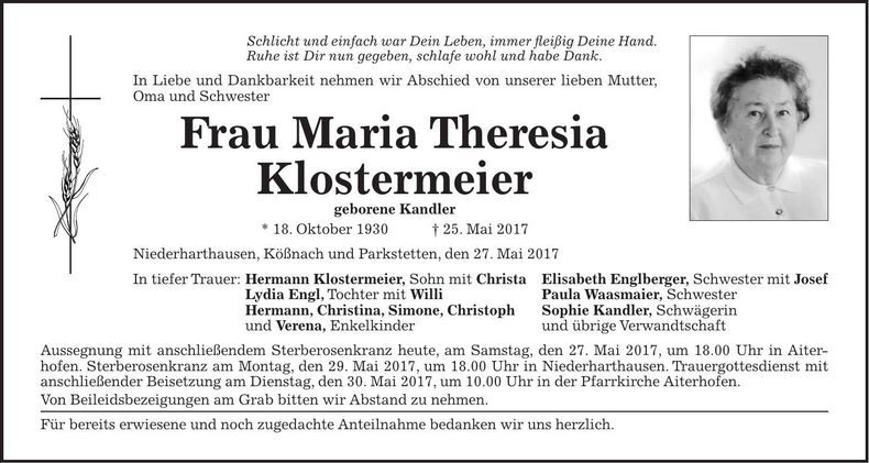 Traueranzeige Maria Theresia Klostermeier