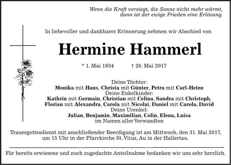 Traueranzeige Hermine Hammerl