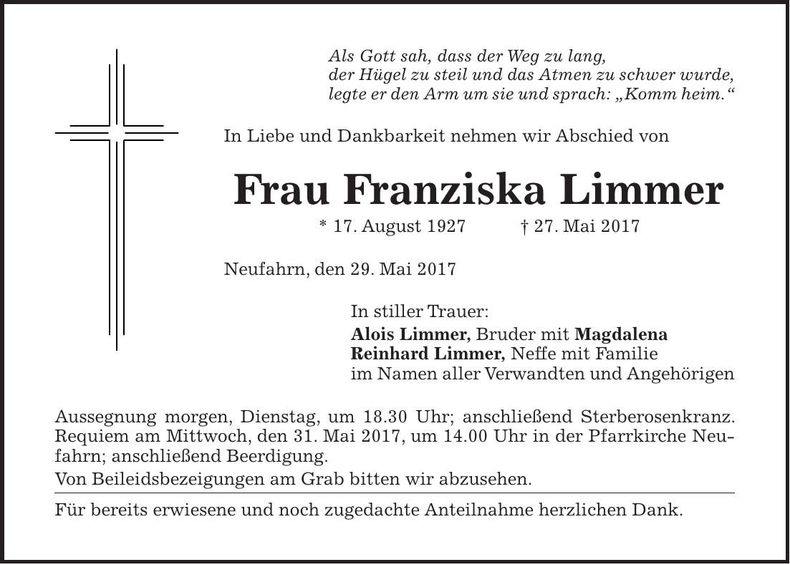 Traueranzeige Franziska Limmer