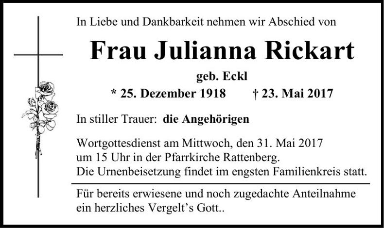 Traueranzeige Julianna Rickart