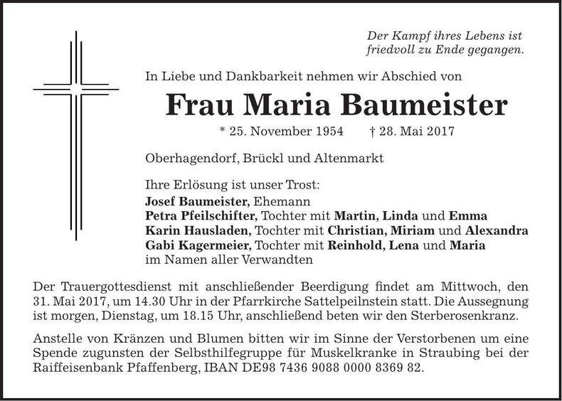 Traueranzeige Maria Baumeister