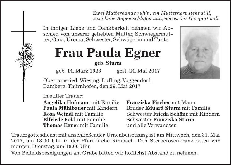 Traueranzeige Paula Egner