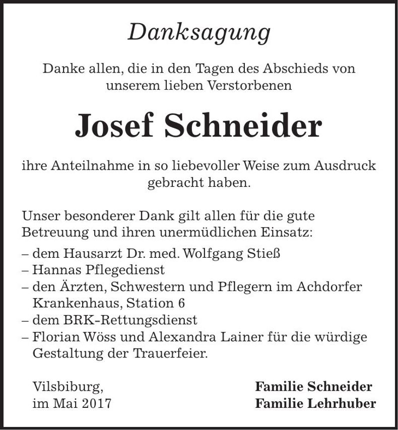 Traueranzeige Josef Schneider
