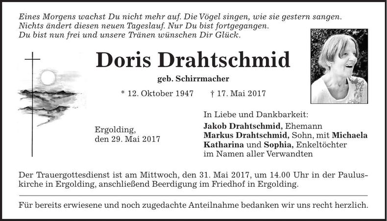 Traueranzeige Doris Drahtschmid