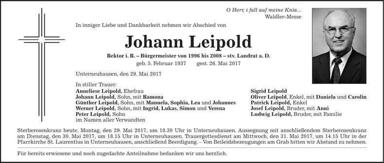 Traueranzeige Johann Leipold