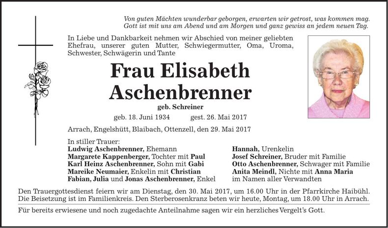 Traueranzeige Elisabeth Aschenbrenner