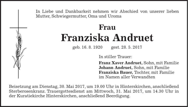 Traueranzeige Franziska Andruet
