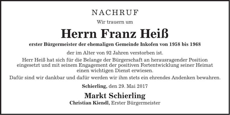 Traueranzeige Franz Heiß