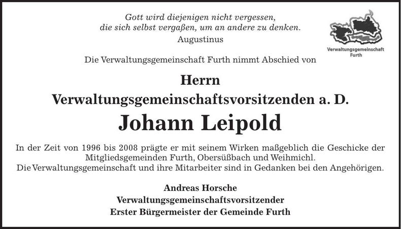 Traueranzeige Johann Leipold