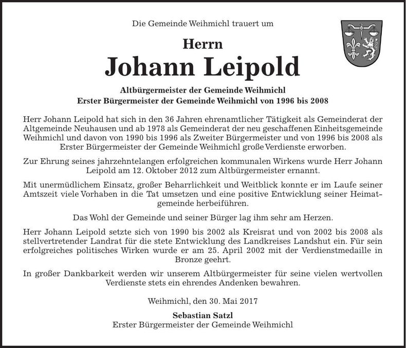 Traueranzeige Johann Leipold