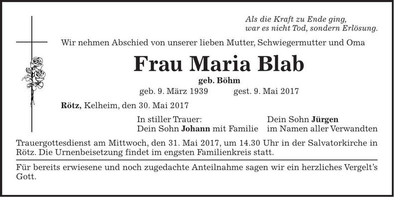 Traueranzeige Maria Blab