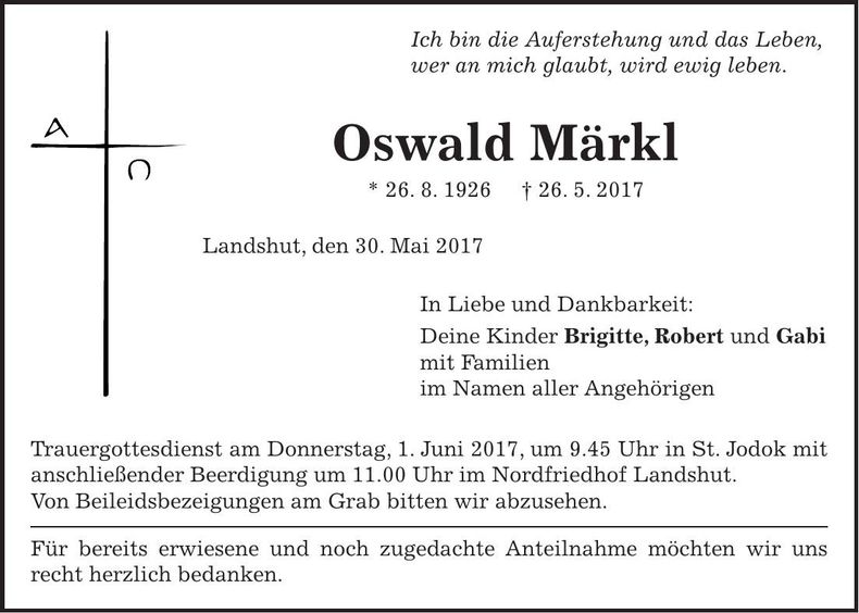 Traueranzeige Oswald Märkl
