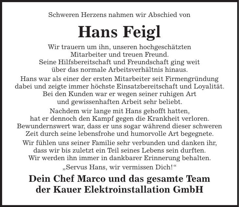 Traueranzeige Hans Feigl