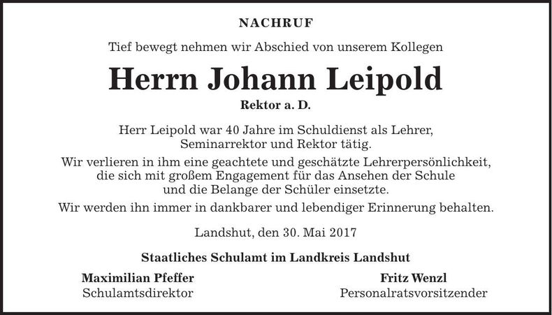 Traueranzeige Johann Leipold