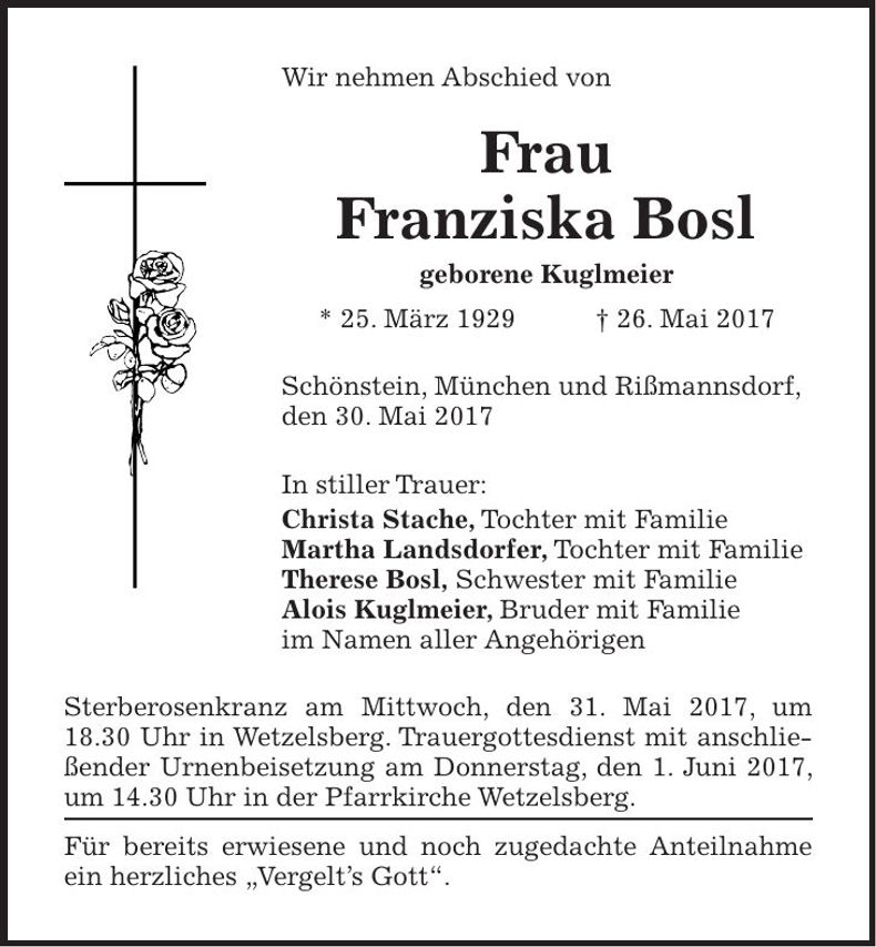 Traueranzeige Franziska Bosl