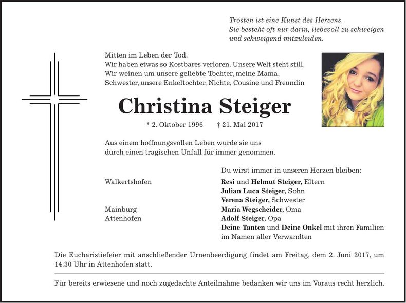 Traueranzeige Steiger Christina