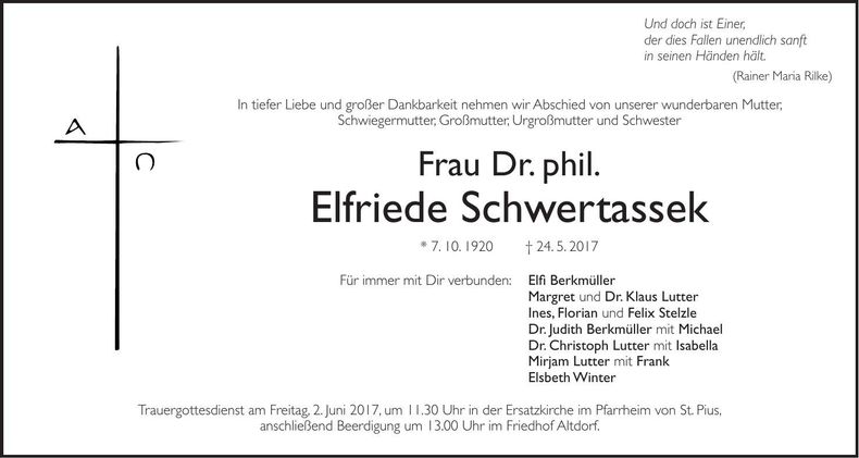 Traueranzeige Elfriede Schwertassek