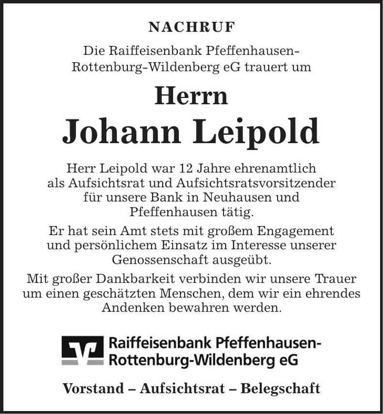 Traueranzeige Johann Leipold