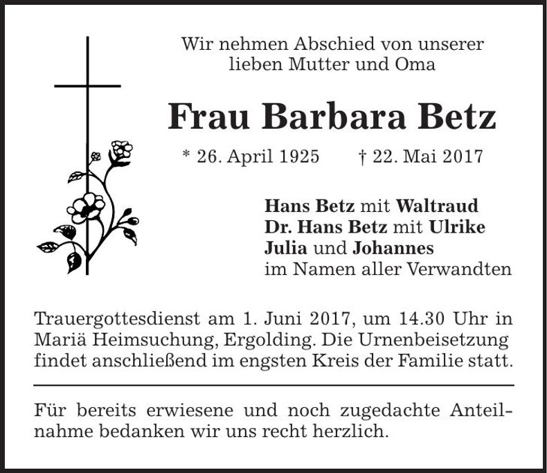Traueranzeige Barbara Betz