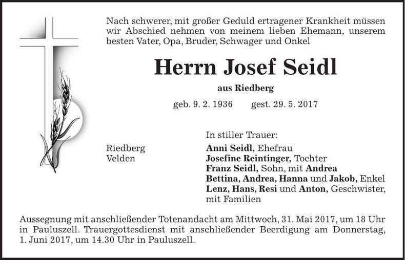 Traueranzeige Josef Seidl