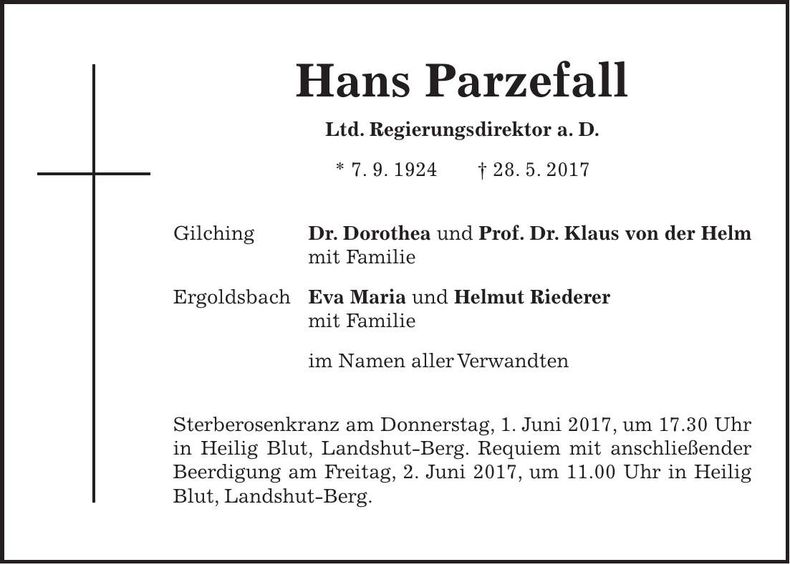 Traueranzeige Hans Parzefall