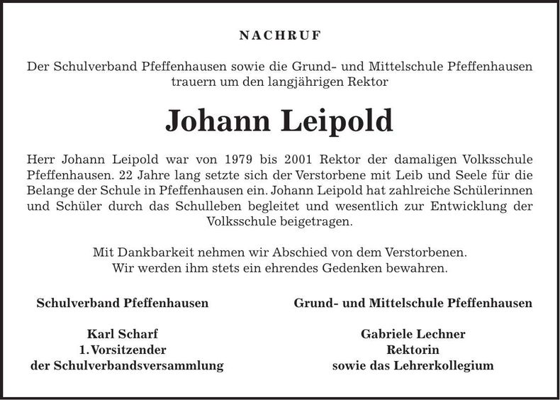Traueranzeige Johann Leipold