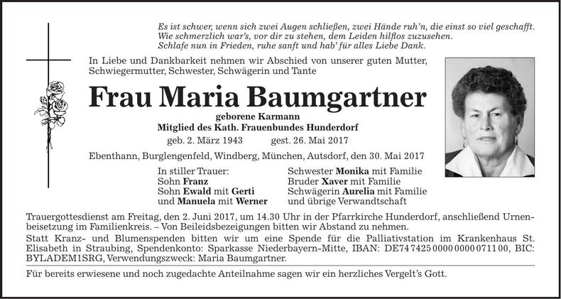Traueranzeige Maria Baumgartner