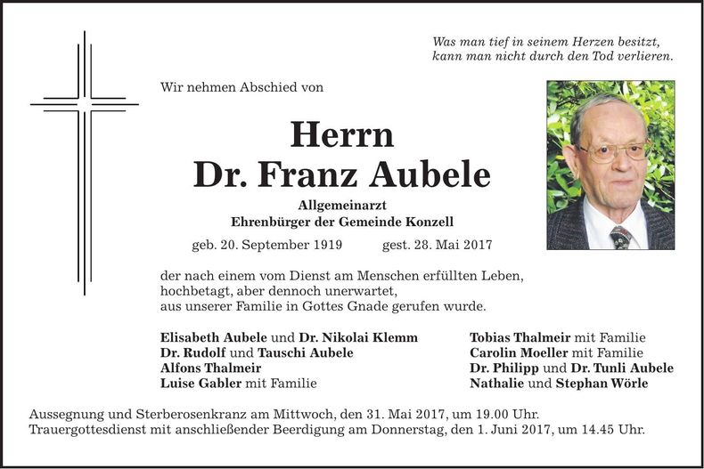 Traueranzeige Franz Fr. Aubele