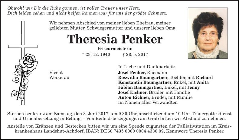 Traueranzeige Theresia Penker