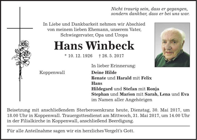 Traueranzeige Hans Winbeck