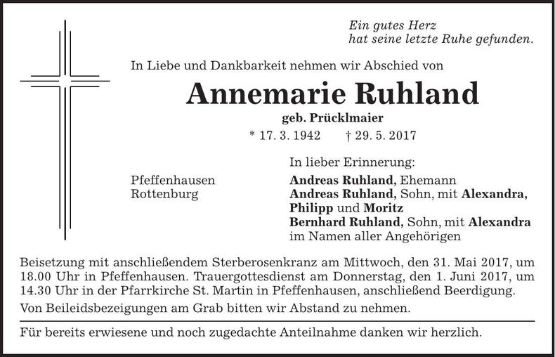Traueranzeige Annemarie Ruhland