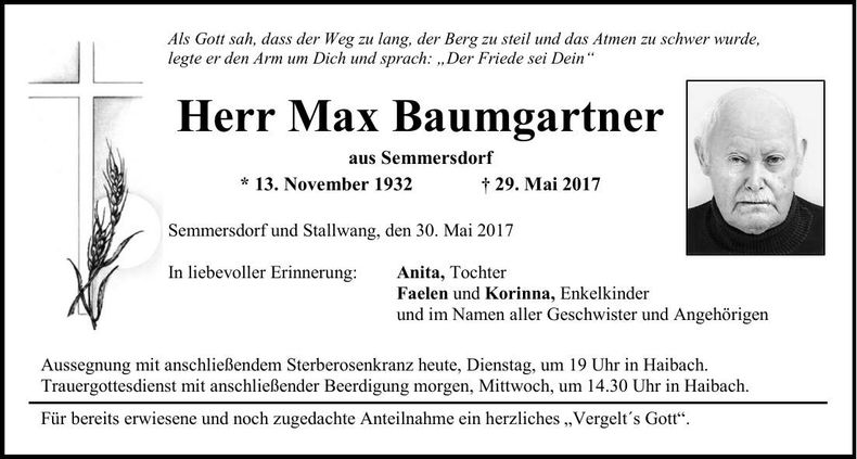 Traueranzeige Max Baumgartner