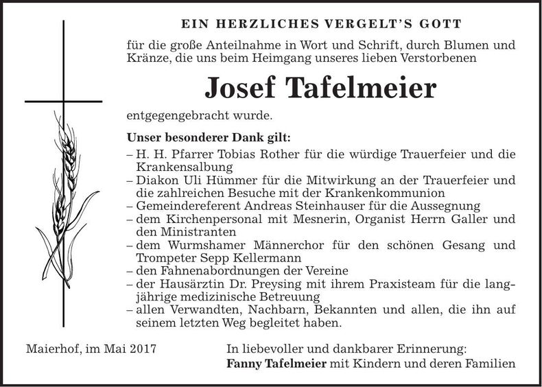 Traueranzeige Josef Tafelmeier