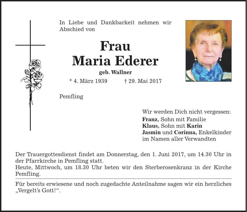 Traueranzeige Maria Ederer