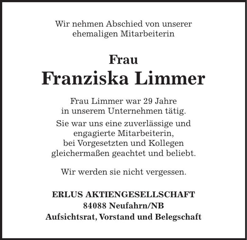 Traueranzeige Franziska Limmer