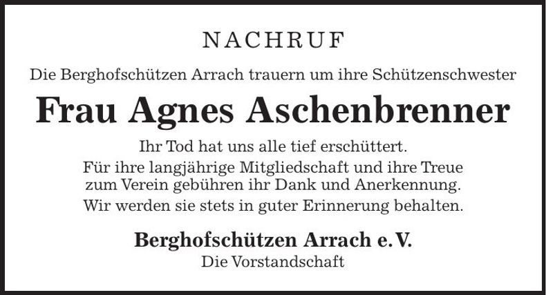 Traueranzeige Agnes Aschenbrenner