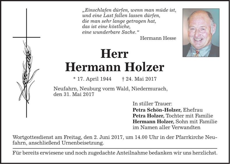 Traueranzeige Hermann Holzer
