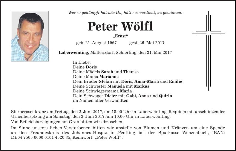 Traueranzeige Peter Wölfl