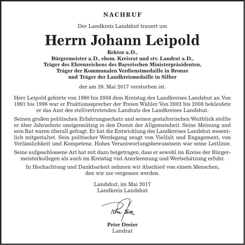 Traueranzeige Johann Leipold