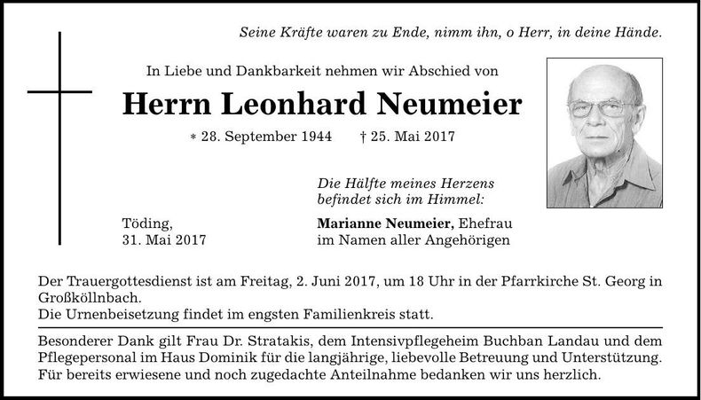 Traueranzeige Leonhard Neumeier