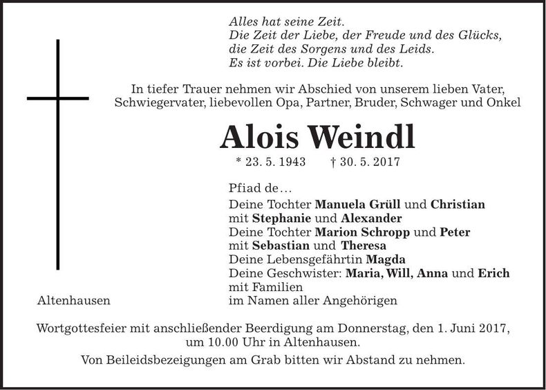 Traueranzeige Alois Weindl