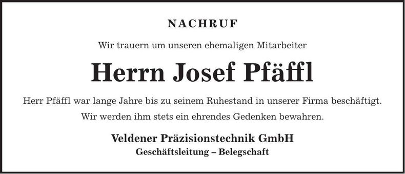 Traueranzeige Josef Pfäffl