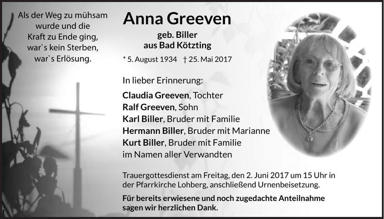 Traueranzeige Anna Greeven